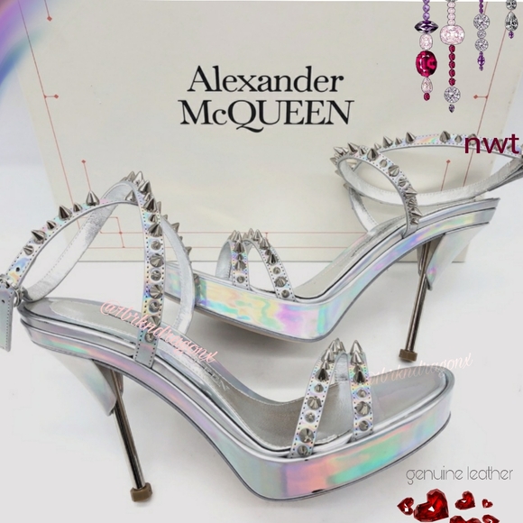 BNIOB ALEXANDER MCQUEEN Leather Silver Iridescent Heels Caged Embellished - Picture 7 of 15